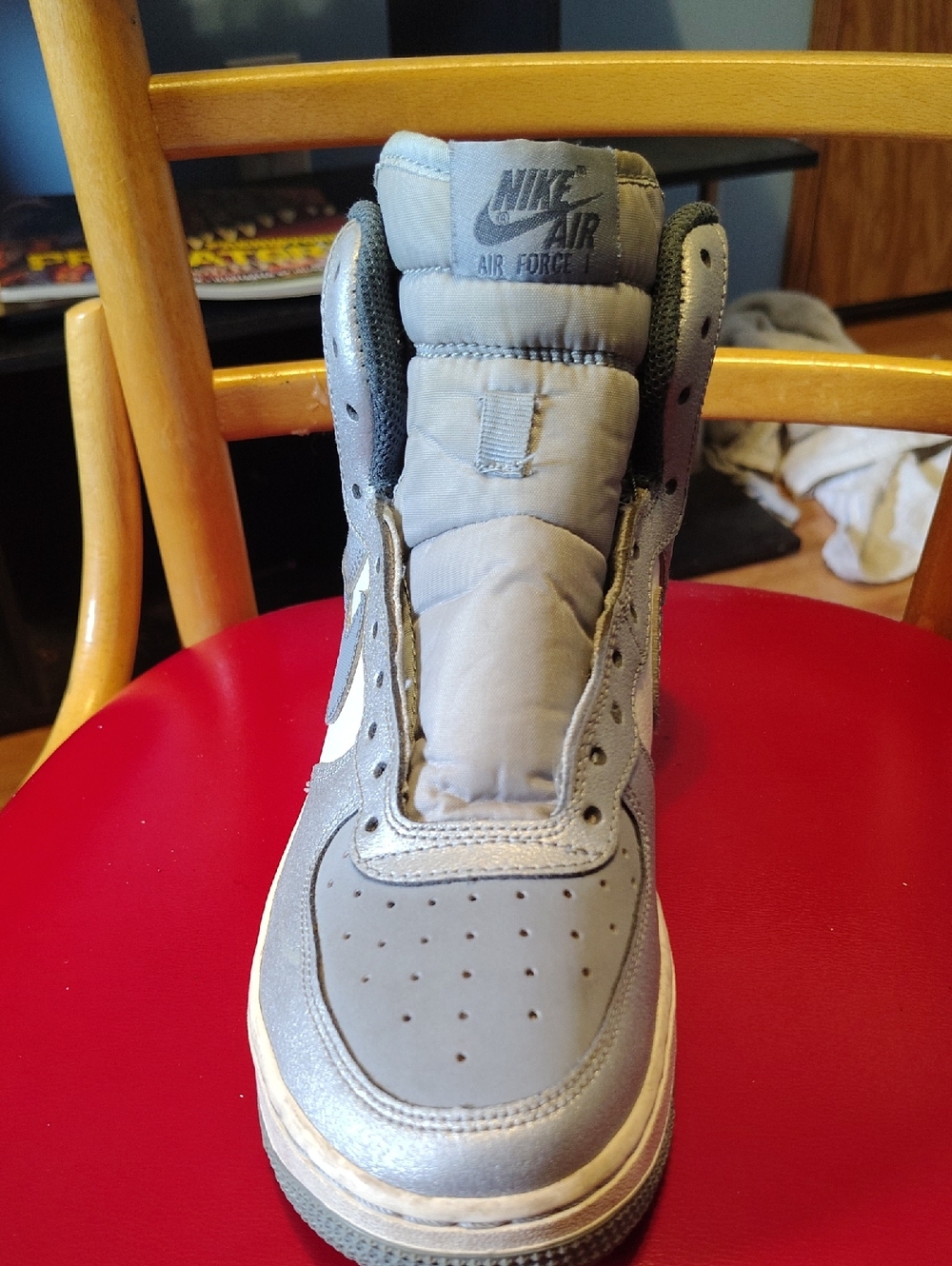Nike Air Force 1s Kids Grey High-Top Sneakers with White Swoosh With No Laces